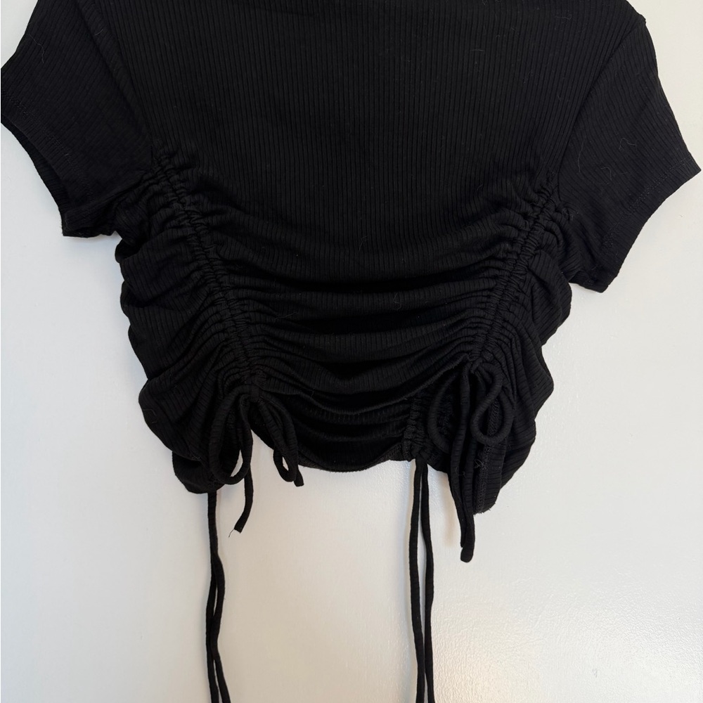 Free People Black Ribbed Ruched Drawstring Top - Picture 2 of 3